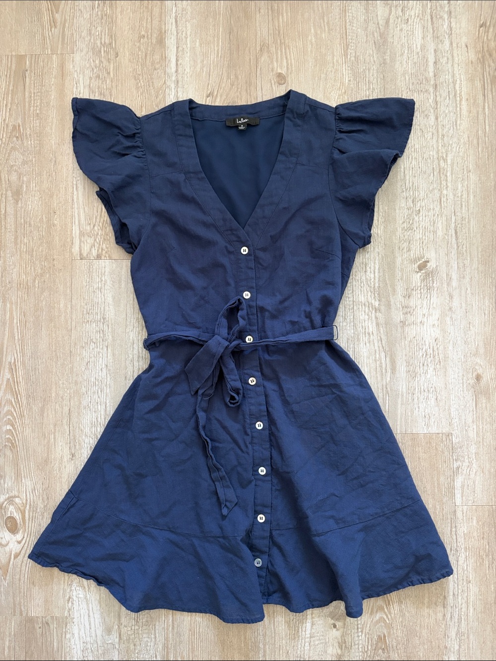 Lulu's Navy Button-Front Tie-Waist Flutter Sleeve Mini Dress 100% Cotton